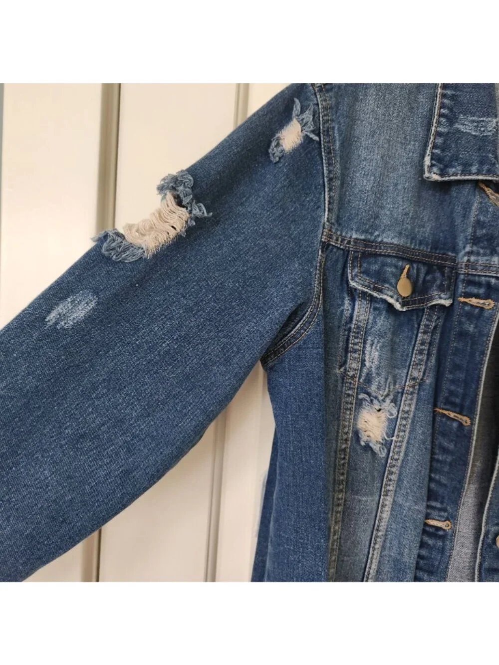 Distressed Denim Jacket Paris New York London Milano Oversized Glam Supermodel - Picture 4 of 13